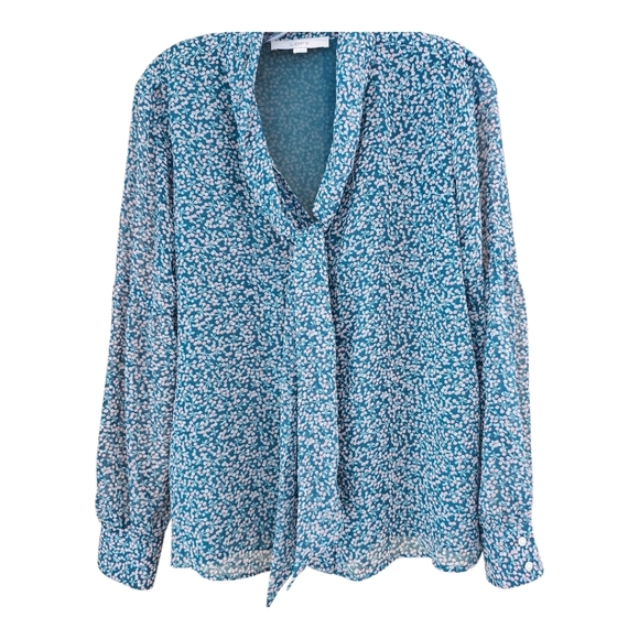 LOFT Floral Tie-Neck Blouse Small | Boho Feminine Layering Top | Soft Fall Color - Picture 2 of 9